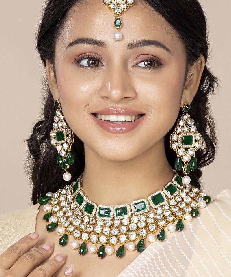 Aheli choker necklace with maang tikka earrings traditional bridal wedding jewellery set gift for women
