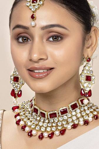 Aheli choker necklace with maang tikka earrings traditional bridal wedding jewellery set for women