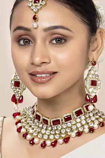 Aheli choker necklace with maang tikka earrings traditional bridal wedding jewellery set for women