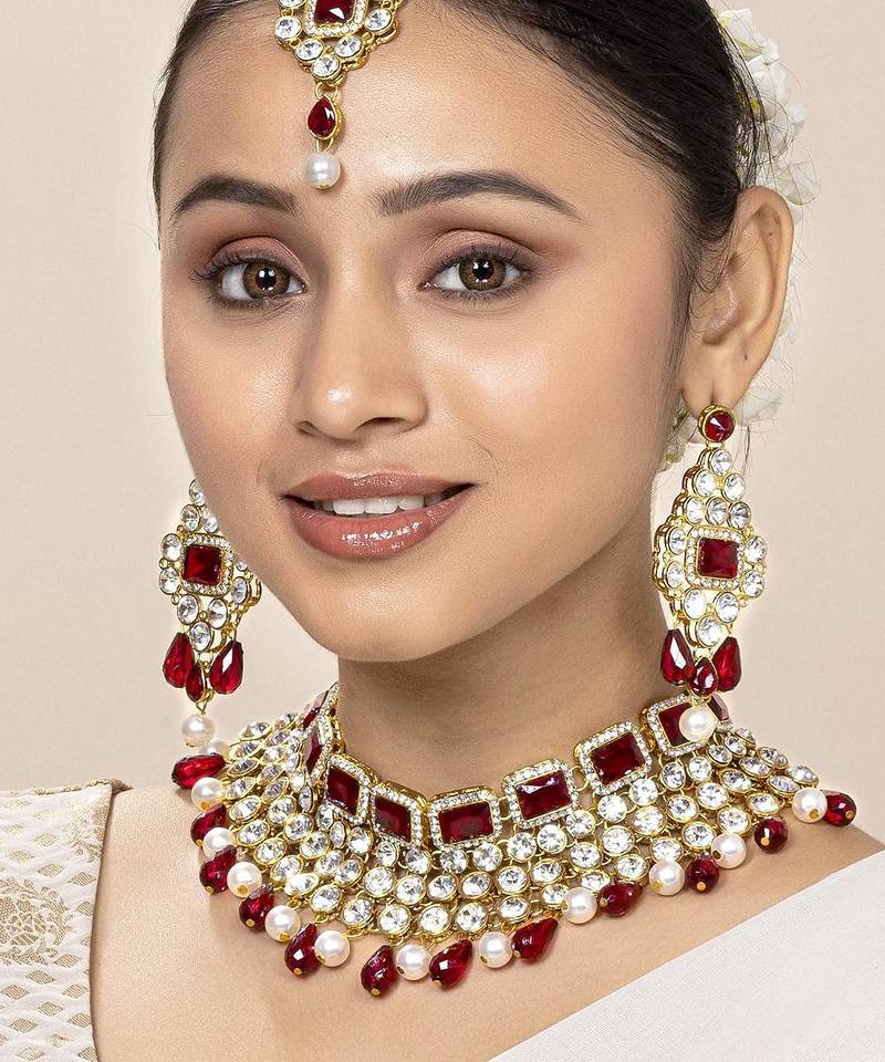 Aheli choker necklace with maang tikka earrings traditional bridal wedding jewellery set for women