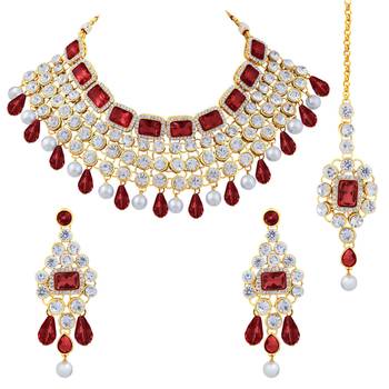 Aheli choker necklace with maang tikka earrings traditional bridal wedding jewellery set for women 3
