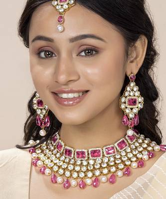 Aheli pink choker necklace with maang tikka & dangle earrings indian traditional jewellery set for women 1