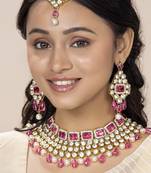 Aheli pink choker necklace with maang tikka & dangle earrings indian traditional jewellery set for women