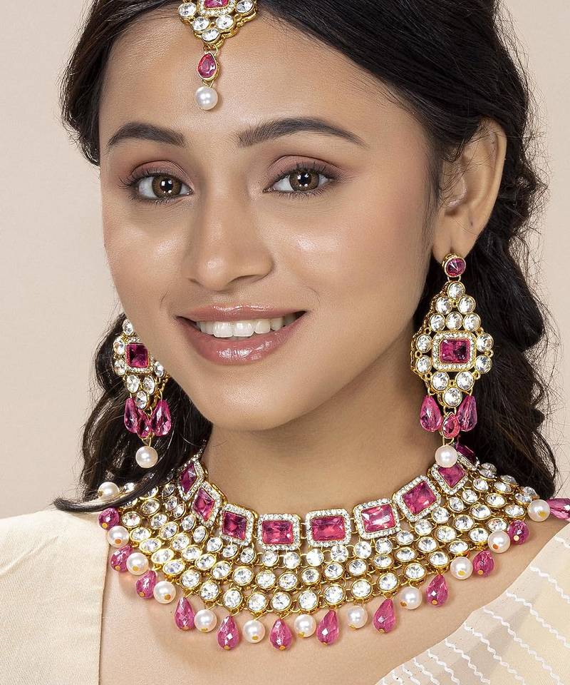 Aheli pink choker necklace with maang tikka & dangle earrings indian traditional jewellery set for women