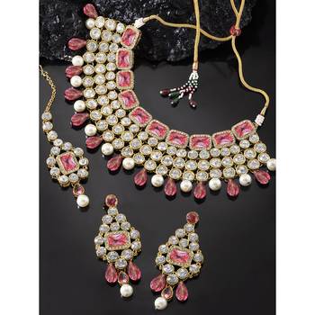 Aheli pink choker necklace with maang tikka & dangle earrings indian traditional jewellery set for women 2