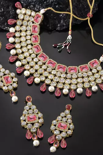 Aheli pink choker necklace with maang tikka & dangle earrings indian traditional jewellery set for women