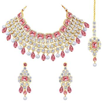 Aheli pink choker necklace with maang tikka & dangle earrings indian traditional jewellery set for women 3