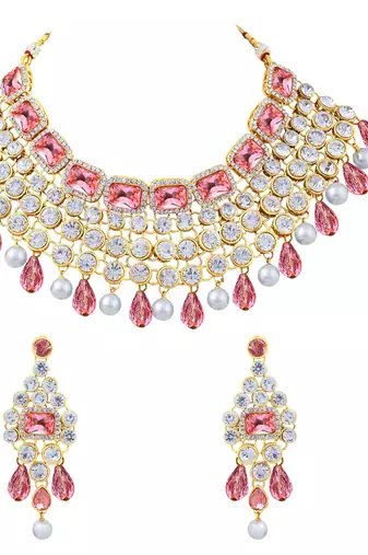 Aheli pink choker necklace with maang tikka & dangle earrings indian traditional jewellery set for women