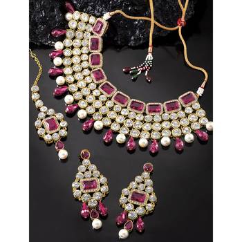Aheli rani pink choker necklace with maang tikka earrings indian traditional jewellery set gift for women 1
