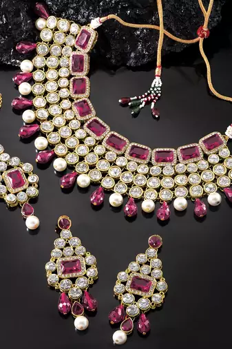 Aheli rani pink choker necklace with maang tikka earrings indian traditional jewellery set gift for women