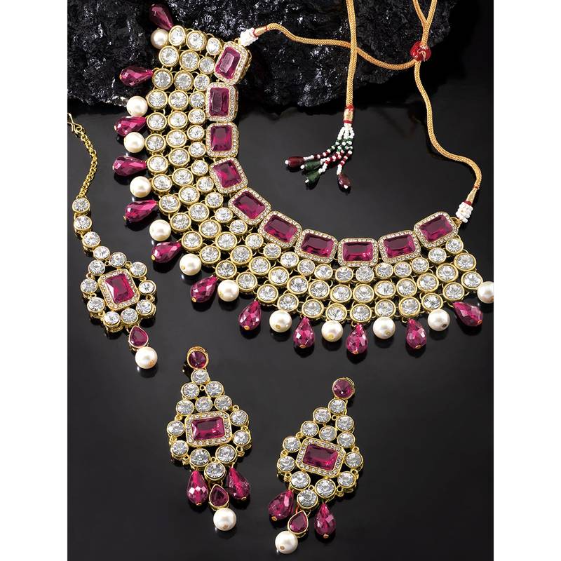 Aheli rani pink choker necklace with maang tikka earrings indian traditional jewellery set gift for women