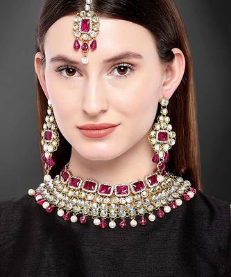 Aheli rani pink choker necklace with maang tikka earrings indian traditional jewellery set gift for women 2
