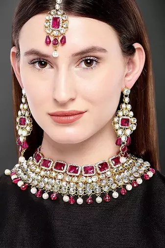 Aheli rani pink choker necklace with maang tikka earrings indian traditional jewellery set gift for women
