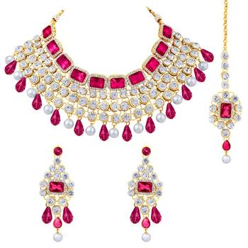 Aheli rani pink choker necklace with maang tikka earrings indian traditional jewellery set gift for women 3