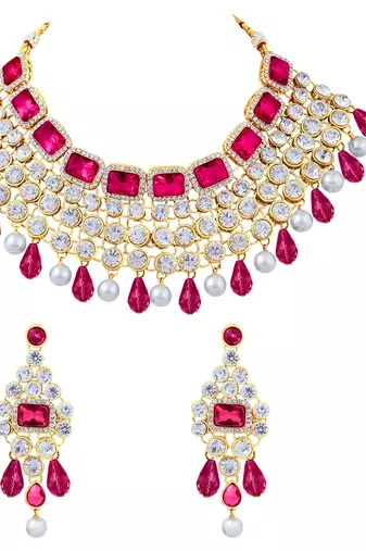 Aheli rani pink choker necklace with maang tikka earrings indian traditional jewellery set gift for women