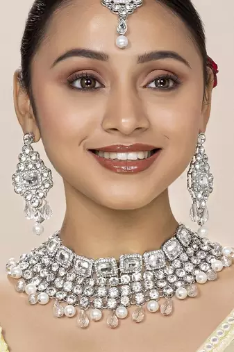 Aheli choker necklace with maang tikka earrings bridal wedding jewellery set gift for women