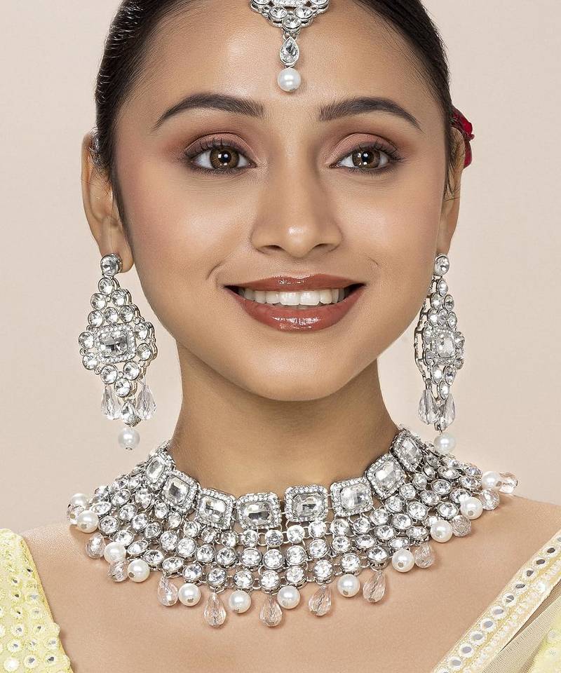 Aheli choker necklace with maang tikka earrings bridal wedding jewellery set gift for women