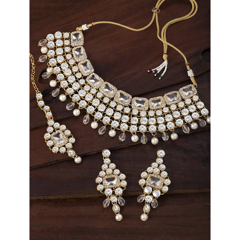 Aheli choker necklace with maang tikka earrings indian traditional bridal wedding jewellery set for women