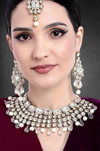 Aheli choker necklace with maang tikka earrings indian traditional bridal wedding jewellery set for women