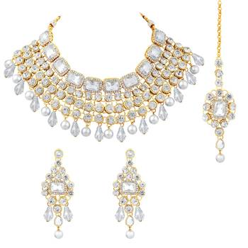 Aheli choker necklace with maang tikka earrings indian traditional bridal wedding jewellery set for women 3