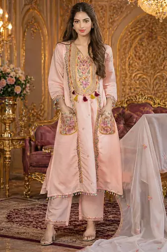 Designer pink ethnic kurta sharara set with heavy embroidery & dupatta