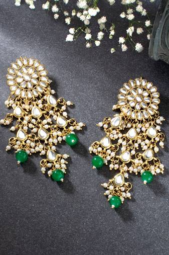Aheli gold plated kundan studded beaded green chandelier classic drop earrings for women traditional ethnic jewellery
