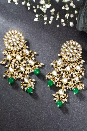 Aheli gold plated kundan studded beaded green chandelier classic drop earrings for women traditional ethnic jewellery