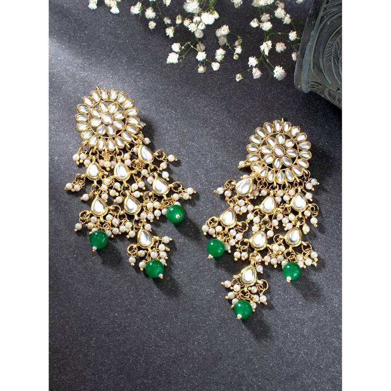 Aheli gold plated kundan studded beaded green chandelier classic drop earrings for women traditional ethnic jewellery