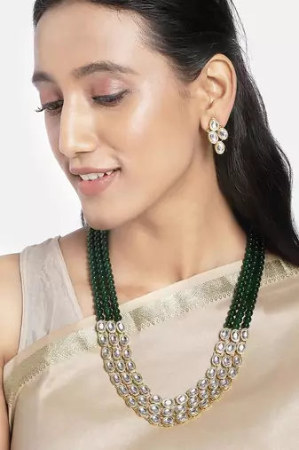 Aheli traditional green long necklace jewellery set with earring gift for women