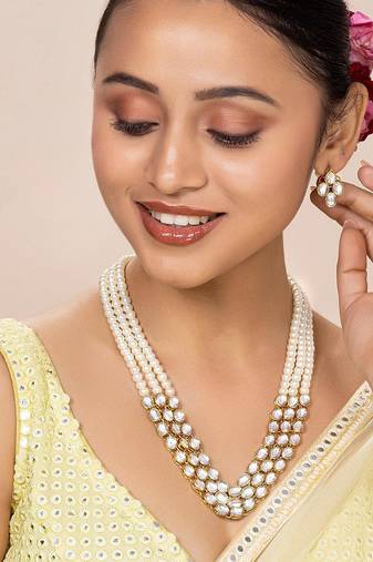 Aheli traditional white long necklace jewellery set with earring for women