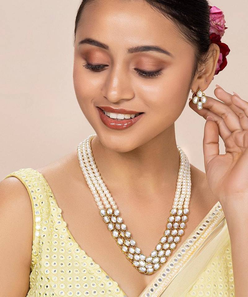 Aheli traditional white long necklace jewellery set with earring for women