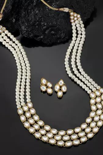 Aheli traditional white long necklace jewellery set with earring for women