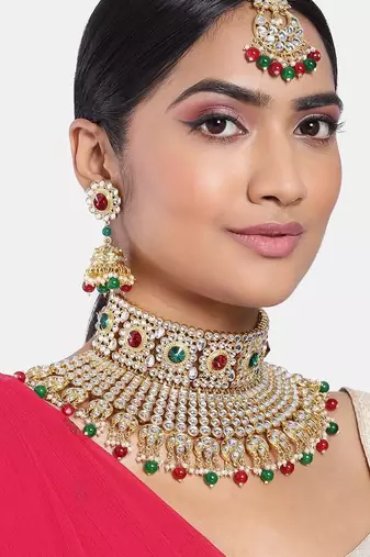 Aheli red & green kundan embellished handcrafted jewellery set for women
