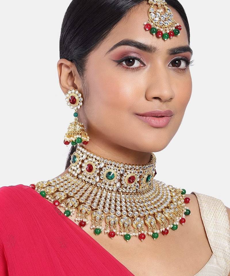 Aheli red & green kundan embellished handcrafted jewellery set for women