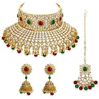 Aheli red & green kundan embellished handcrafted jewellery set for women 3