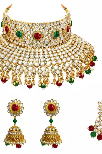Aheli red & green kundan embellished handcrafted jewellery set for women