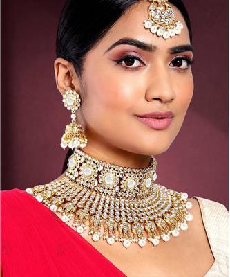 Aheli indian ethnic bridal big choker necklace earrings maang tikka traditional jewellery set for women 1