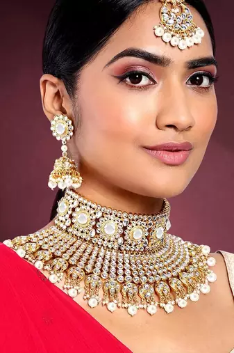 Aheli indian ethnic bridal big choker necklace earrings maang tikka traditional jewellery set for women