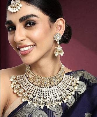 Aheli indian ethnic bridal big choker necklace earrings maang tikka traditional jewellery set for women 2