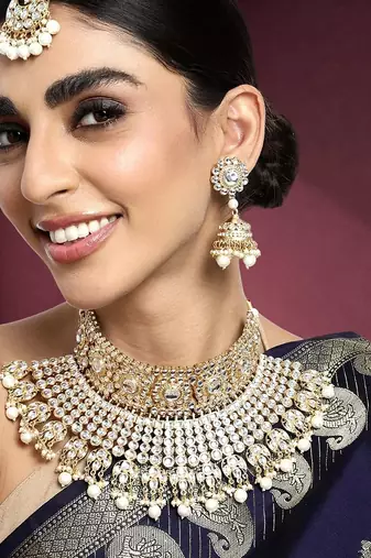 Aheli indian ethnic bridal big choker necklace earrings maang tikka traditional jewellery set for women