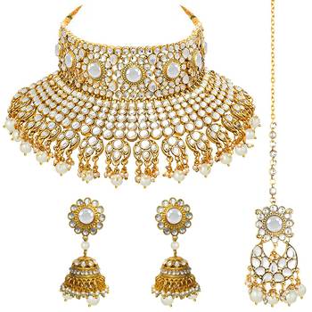 Aheli indian ethnic bridal big choker necklace earrings maang tikka traditional jewellery set for women 3