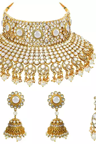 Aheli indian ethnic bridal big choker necklace earrings maang tikka traditional jewellery set for women