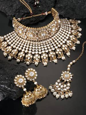 Aheli indian ethnic bridal big choker necklace earrings maang tikka traditional jewellery set for women 4