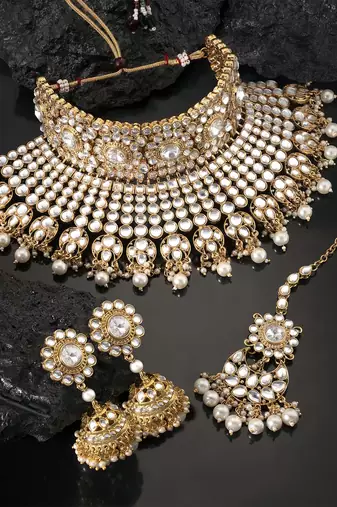 Aheli indian ethnic bridal big choker necklace earrings maang tikka traditional jewellery set for women