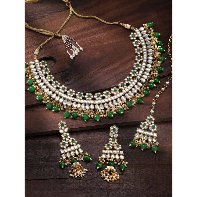 Aheli green choker necklace with earrings maang tikka for women indian traditional jewellery set