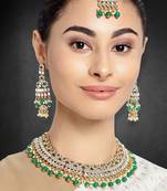 Aheli green choker necklace with earrings maang tikka for women indian traditional jewellery set