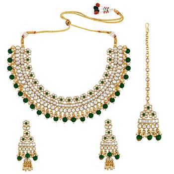 Aheli green choker necklace with earrings maang tikka for women indian traditional jewellery set 3