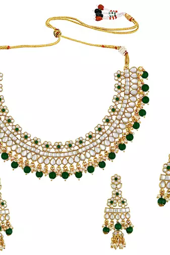 Aheli green choker necklace with earrings maang tikka for women indian traditional jewellery set