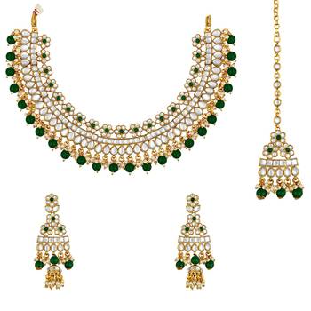 Aheli green choker necklace with earrings maang tikka for women indian traditional jewellery set 4