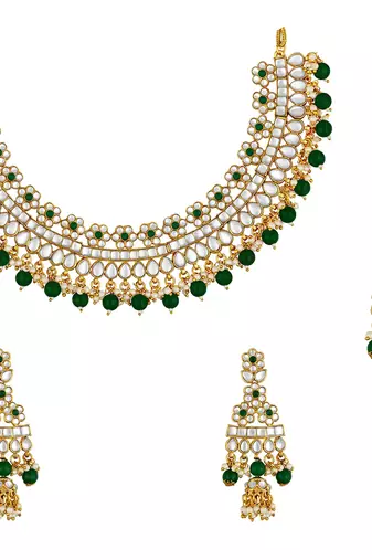 Aheli green choker necklace with earrings maang tikka for women indian traditional jewellery set